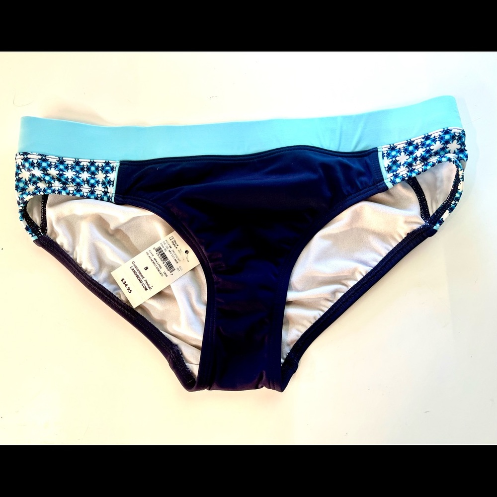 Land’s End Women’s Navy & Geometric Pattern Bikini Swim Bottoms, Size 8